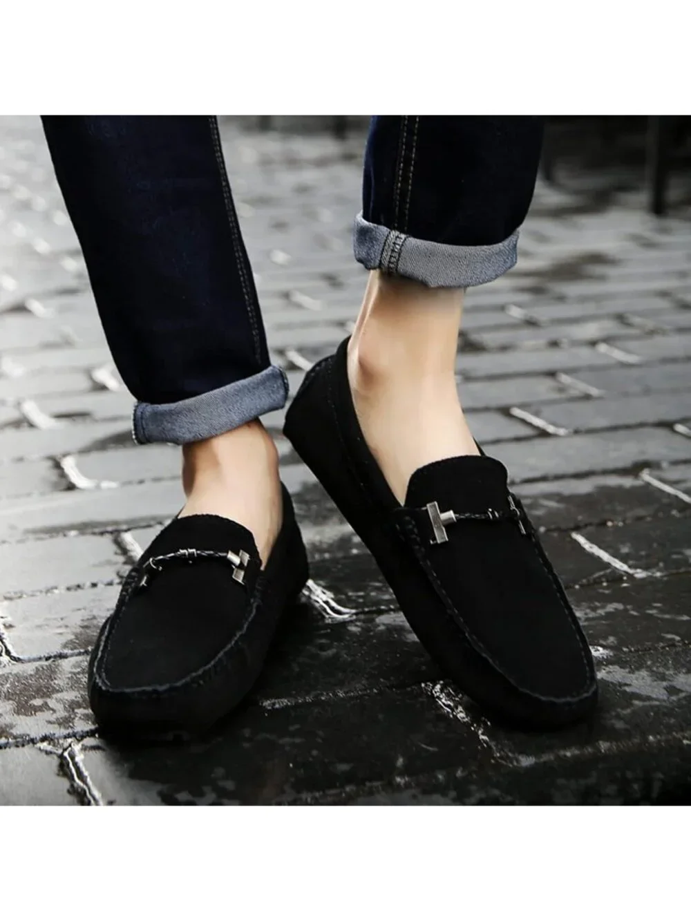 DCZTELG Men's Black Suede Calf Leather Penny Loafer Slip On Party Comfort Shoes